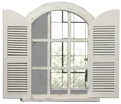Sintosin Farmhouse Gewölbter Fensterspiegel mit Fensterläden, 88,9 x 71,1 cm, hängend, Used-Look, rustikal, dekorative Fensterläden, Spiegel für Wanddekoration, Wohnzimmer, Wandspiegel aus Holz