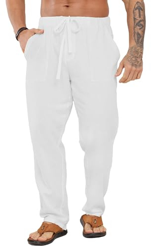 LVCBL Pantalon Lin Homme Pantalon en Lin Homme Yoga Blanc L