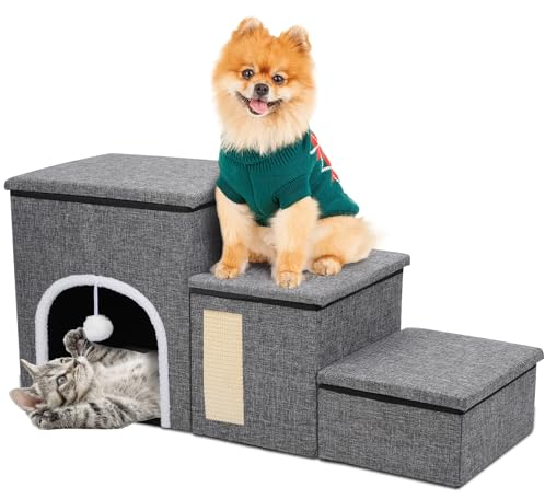 Upgrade XL Hundetreppe Bett, 90L*35B*43H cm, Faltbare Hundetreppe mit breiteren Stufen, 3 Stufen Treppe für Hunde Couch und Bett, Große Wohnung, Stauraum, Haustiertreppe für Katzen, ältere/große Hunde