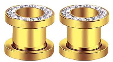 Calefee Plugs Tunnels Ears Acier Inoxydable, 2 PCS Tunnel Boucles Oreilles Zirconium à Vis Or Tunnels de Chair pour Unisexe