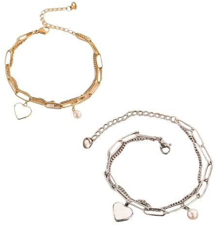 2 Stück Armband Damen Gold mit Charme und Herz Anhänger,Edelstahl Gliederarmband mit Gravur,Verstellbar,Wasserfest,Elegantes Schmuckgeschenk für Frauen und Mädchen,Geburtstag,Valentinstag(Gold,Silber)