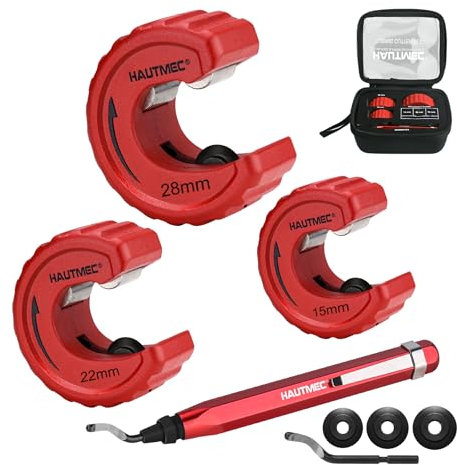 HAUTMEC Copper Pipe Cutter Set 3 PCS Tube Cutter Plumbing Tools, in Portable Storage Case, Include 15mm.,22mm., and 28mm Pipe Cutters, Reaming Pen, 3 Spare Cutting Wheels, 1 Spare Deburring Blade, Red