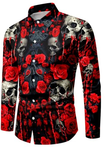WAZHAKU Carnival Costume Men's Casual Shirt Skull Rose 3D Printed Long Sleeve Shirts Button Down Hawaiian Vintage with Stand-Up Collar Loose Beach Shirt Casual Shirt Hawaii Shirt Pattern Long Sleeve
