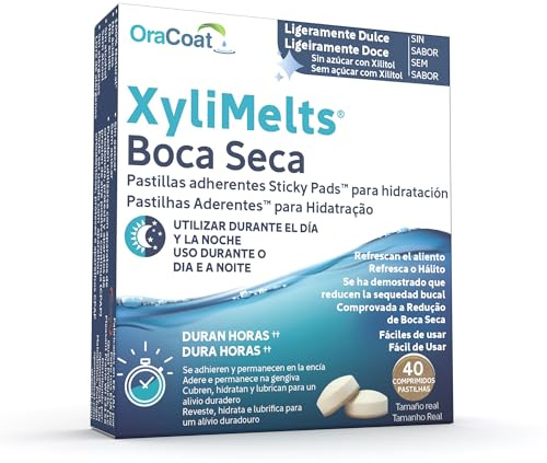 OraCoat XyliMelts - 40 Pastillas Adhesivas para la Boca Seca y Protección Dental - Xilitol Natural - Alivio Nocturno contra la Xerostomía y el Mal Aliento (Sin Sabor/Natural, Pack 1)