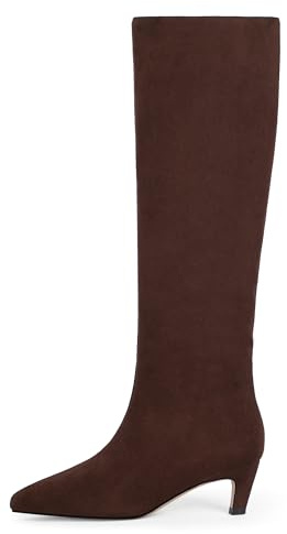 Modatope Womens Knee High Dark Brown Suede Boots Square Toe Low Kitten Heel Tall Fall Boots for Women 2025 Size 8