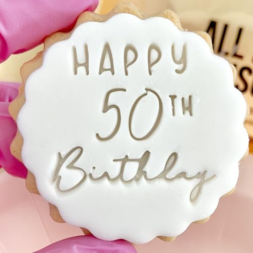Stampino per biscotti con scritta Happy 50th Birthday, per biscotti M & S, ideale per glassa fondente, 50° compleanno, riutilizzabile, segni e spencer per bomboniere, taglierina abbinata gratuita