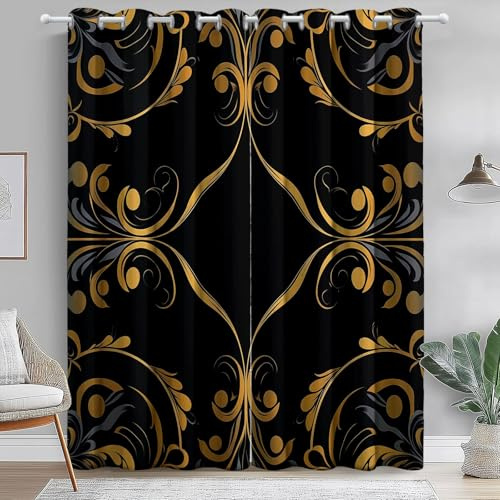 Opacas Cortinas Negro Dorado - 2 Piezas 140An×280Al cm, Elementos Florales Líneas y Franjas Elegante Impresión Cortina Térmicas Aislantes Frío Calor y para Dormitorio, Salón y Cocina con Ojales