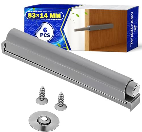 6 Piezas Amortiguador Puerta Cocina y Muebles 83x14 mm con Punta Magnética - Completo con Tornillos para Fijación - Cierre Amortiguado Puerta de Color Gris - Garantía de 10 Años - MONTERAL
