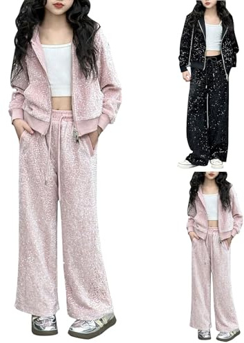 Tuta da ginnastica per bambini, set completo da 2 pezzi, con paillettes, a maniche lunghe, con cerniera, felpa con cappuccio e pantaloni a gamba larga, set da salotto per compleanno e danza, rosa, 9