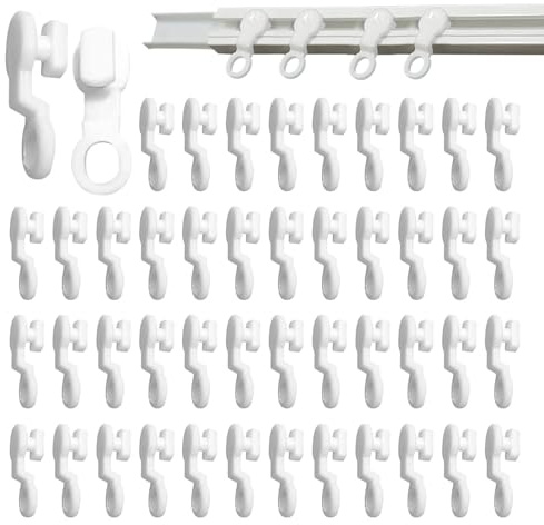 Brilovent 50 Pcs Curtain Hooks Plastic, Curtain Track Gliders, Swish Curtains Rail Glider Spares, White Durable Hooks Ideal for Carava,Living Room, Bathroom, Kitchen