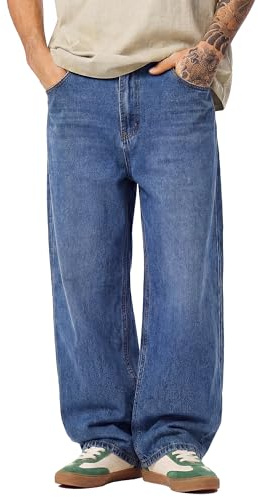 JMIERR Mens Jeans Relaxed Fit Wide-Leg Trousers Baggy Skater Skateboard Jean Y2k Streetwear 2000s Denim Pants, Dark Blue XS