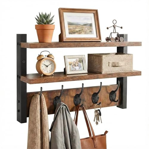 CASDUCT Wandgarderobe mit 2-lagigem Holzbrett Aufbewahrungsregal, Wandregal mit 5 Haken, Hängeregal für Eingang, Schlafzimmer, Wohnzimmer,Rustikales Braun und Schwarz
