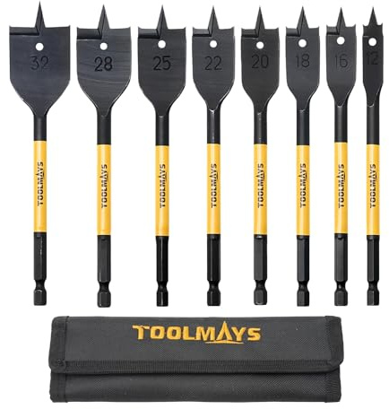 TOOLMAYS Juego de 8 brocas planas para madera, diámetro de 12-32 mm, acero de alto carbono, juego de brocas hexagonales de cambio rápido de 1/4 pulgadas, con estuche de almacenamiento