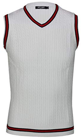 Xposed Mens Sleeveless V Neck Jumper Retro Cable Knitted Cricket Golf Sweater Jersey Top Vest[V961,XL,White]