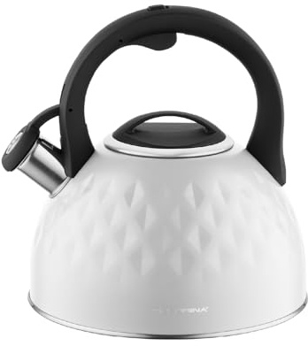 FLORINA Wasserkessel (2,5 l) I Edelstahl Teekessel DIAMANTE I Flötenkessel mit Silikongriff I Wasserkocher für Induktionsherd, Gasherd und Elektroherd I Farbe: Weiß