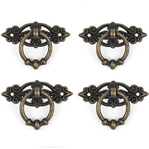 SagaSave Vintage Ziehgriff, Retro-Ring-Griff, antike Zinklegierung, Ziehgriffe für Schrank, Schublade, Tor, Kleiderschrank, Schrank – Grün-Bronze, 4 Stück