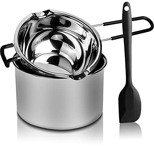 Double Boiler Pot Set, Stainless Steel Melting Pot with Silicone Spatula for Melting Chocolate, Soap, Wax, Candle Making (600ml and 1600ml)