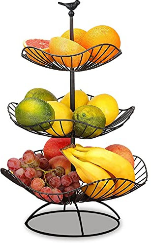 Fouvin corbeille à fruits 3 étages en métal Corbeille pour plus de place sur le plan – Maintient les fruits et légumes frais Support à fruits avec 3 bols de rangement