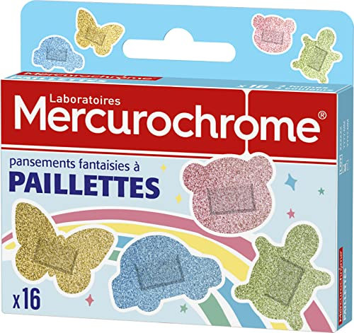 MERCUROCHROME – Pansements Fantaisies à Paillettes – Couleurs Paillettées – Formes Ludiques – 4 Formes et 4 Couleurs - Protège les Petites Coupures et les Eraflures - 16 Pansements