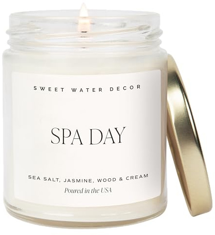 Sweet Water Decor Spa Day Soy Candle - Sea Salt, Jasmine, Wood and Cream Scented Spring Candles for Home - 9oz Clear Jar + Gold Lid, 40+ Hour Burn Time, Made in The USA
