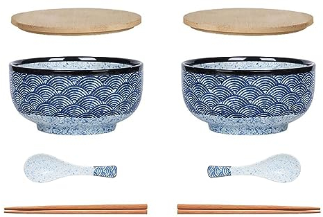 Cteahrow Bol à ramen japonais grand bol à soupe avec cuillère à couvercle, bol à ramen en céramique vintage, bols à salade, bol à nouilles instantanées - 900 ml (Ondulation de l'eau lot de 2)