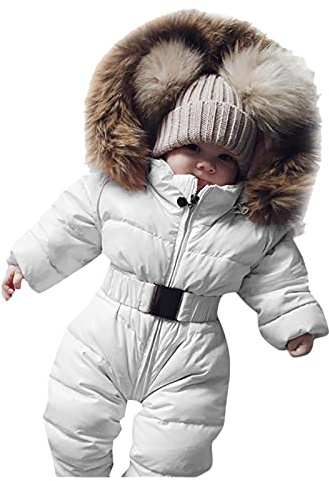 Combinaison de Neige pour Enfants Hiver Bébé Fille Garçon Rembourré à Capuche Fourrure Manteau Couleur Unie avec Ceinture Combinaison De Ski Survêtement Veste Chaud