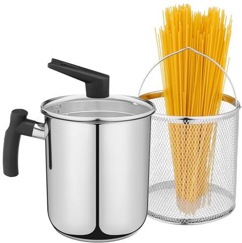 Navaris Pasta Multi Pot - Stainless Steel Multifunctional Fryer - Deep Frying & Steaming Chip Pan with Basket & Lid - Oil Fryer Pot with Basket for Frying Steaming Boiling - 3.4L
