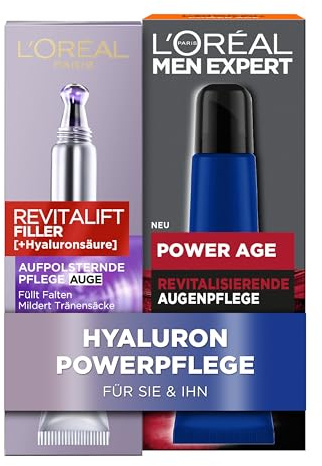 L'Oréal Paris Augencremes für sie & ihn, Anti-Aging Augenpflege gegen Falten, Gesichtspflege für Damen und Herren mit Hyaluronsäure, Revitalift Filler, Power Age, 2 x 15ml