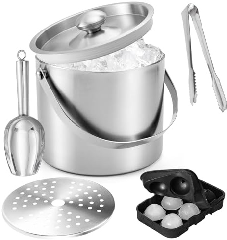 Contenitore per Ghiaccio da 4L con Coperchio, Set Secchiello Doppia Parete in Acciaio Inox con Setaccio, Pinze per Ghiaccio, Paletta per Ghiaccio, Stampo Ghiaccio in Silicone, Raffreddatore Champagne