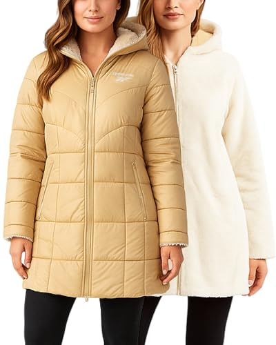Reebok Womens Winter Jacket - Sherpa Fleece Lined Reversible Insulated Puffer Parka Winter Coats for Women with Faux Fur Hood, Size Large, Champagne