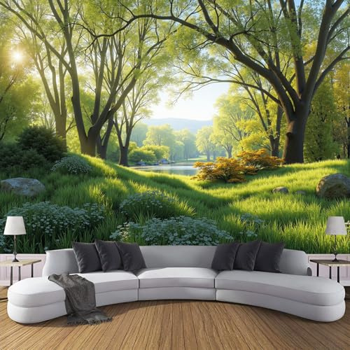 Carta da parati 350× 256cm Fotomurali in Murale Decorazione da Muro Primavera Prato, Fotomurali Non Tessuto Boschi Piante Camera da Letto, Ristrutturazione di Pareti Verde