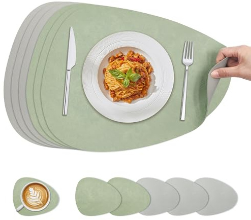 KitchenBoss Salvamanteles Individuales Manteles, Mantel Individual y Posavasos para Cocinas, Mesas de Comedor y Oficinas, Verde + Gris, 40x30cm, 6 Set
