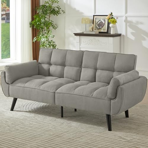 JIEXI Modern 3-Seater Sofa, Grey Tufted Fabric, 191cm Width, Plush Cushioning with Curved Arms, Tapered Black Legs, Medium Firm, for Living Room and Family Room (Grey)