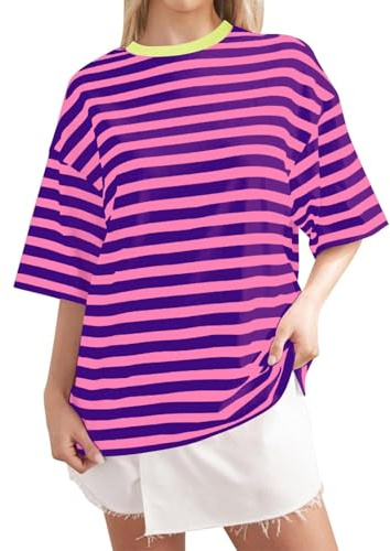 Camiseta informal a rayas con cuello redondo y manga corta para primavera. Camiseta minimalista cómoda a rayas Blusa de verano para mujer, T-shirt3-lila, XXL
