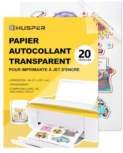 HUSPER Lot de 20 feuilles de papier autocollant en vinyle transparent imprimable A4 pour imprimante à jet d'encre