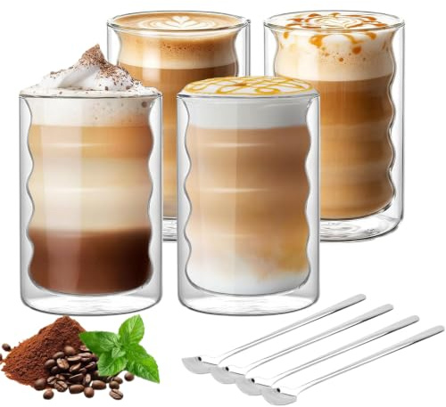 ZkateTrade Latte Macchiato Bubble Juego de 4 vasos de café de doble pared de 400 ml con 2 cucharas, vasos térmicos para latte macchiato, té, leche y cerveza