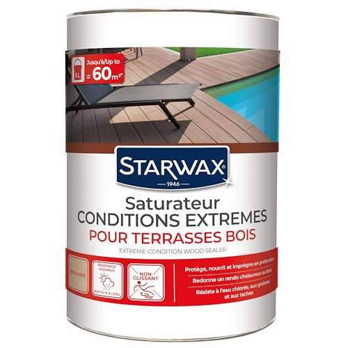 STARWAX - Saturateur Bois Extérieur Incolore - Conditions Extrêmes - Pour Terrasse - Nourrit & Protège - Résiste Aux UV, Intempéries, À L’Eau Chlorée - Fabriqué En France - Jusqu’à 60m2 - 5L