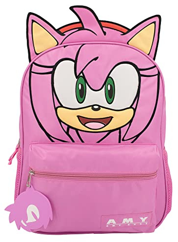 AI ACCESSORY INNOVATIONS Sonic The Hedgehog Backpack for Boys & Girls, Bookbag with Adjustable Shoulder Straps & Padded Back, Amy Rose 16 Inch Schoolbag with 3D Features, Durable School Bag for Kids