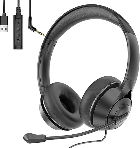 Rebocico USB Headset with Microphone Noise Cancelling & Audio Controls, 3.5mm/USB Jack 2-In-1 Computer Office Teams Headsets, PC Headphone for laptop Skype Call Center, Business Chat, Teaching