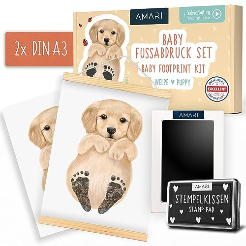 Amari ® Baby Fußabdruck Set mit 2 Tierpostern (Motiv Welpe) & Clean Touch Pad - Geschenke zur Geburt - Fußabdruck Baby Tierbild - Baby Abdruckset - Fussabdruck Baby - Babyparty Geschenk