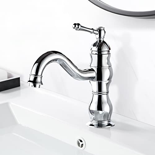 Coleniny Robinet Lavabo Rétro Chromé, Pivotant à 360° Robinet Salle de Bain avec Eau Froide & Chaude Disponible, Monocommande Mitigeur Lavabo en Laiton pour Lavabo, 3/8'' Installation Standard