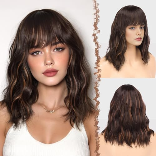 FESHFEN Parrucca Castano Ondulato Corta con Frangia, Parrucche Donna Bob Corte Balayage Parrucca Riccia Uso Quotidiano del Partito Sintetiche Parrucche per Donna, Castano scuro con riflessi 35cm