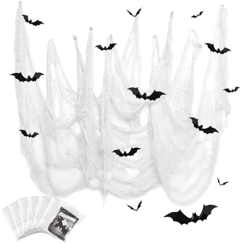 YuSaug Halloween Deko Stoff, 6 Stücke Gruselige Stoff 183 * 76CM mit 12 Fledermaus Aufkleber, Gruseltuch Halloween Party Spukhaus Gruselige Dekoration (6 Weiß)