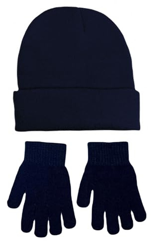 WESTEND CHOICE Boys Girls Hat and Gloves Set Teenagers Winter Warm Magic Glove Knitted Kids Unisex Gloves and Hat Set Age 8-12 (Navy)