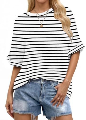 WNEEDU Tee Shirt Femme Manches Courtes T-Shirt Oversize Col Rond