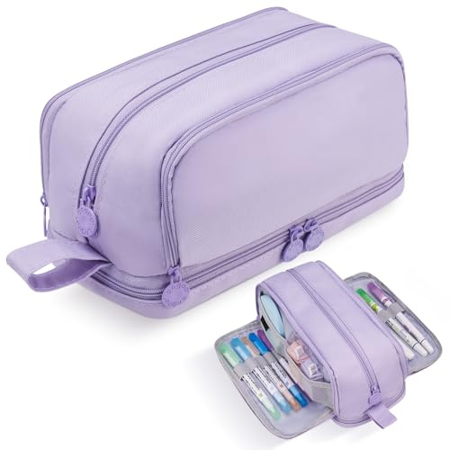 Candcamp Estuche de gran capacidad, bonito estuche para niñas con 4 compartimentos, estuche para lápices con cremallera y asa, organizador estético para escuela, universidad, oficina (morado)