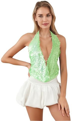 Nicoxijia Womens Sequin Sparkle Halter Crop Tops Sexy Sleeveless Deep V Neck Backless Glitter Tank Top Y2k Bling Rave Outfits (Green, L)