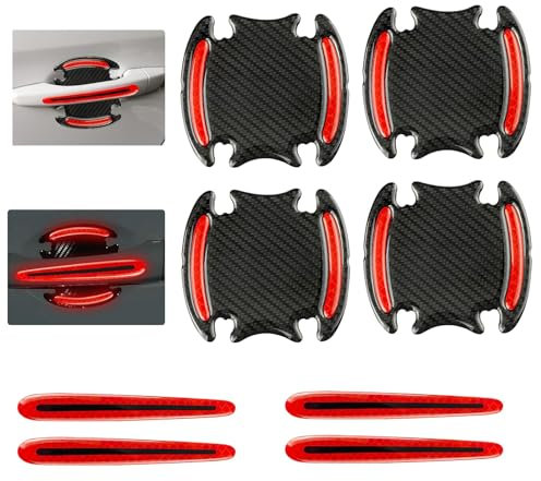 8Pcs Car Door Handle Protectors, Universal 3D Carbon Fibre Vinyl Wrap Film, Scratch Guard Stickers With Reflective Strips, Auto Cup Handle Paint Protection (Red)