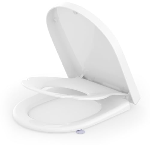 SREWOHS PRO Tapa wc universal Familiar Forma de D, Asiento de Inodoro con Cierre Suave en Forma de D con Liberación Rápida, Dos en Uno para Adultos y Niños, Blanco, 45 * 36,1 * 5 cm