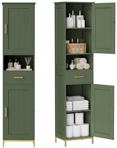 Homhedy 67 H Bathroom Storage Cabinet, Tall Storage Cabinet with Adjustable Shelves, Freestanding Cabinet with Doors and Drawer, Narrow Cabinet for Bathroom, Living Room, Kitchen, Dining Room, Green
